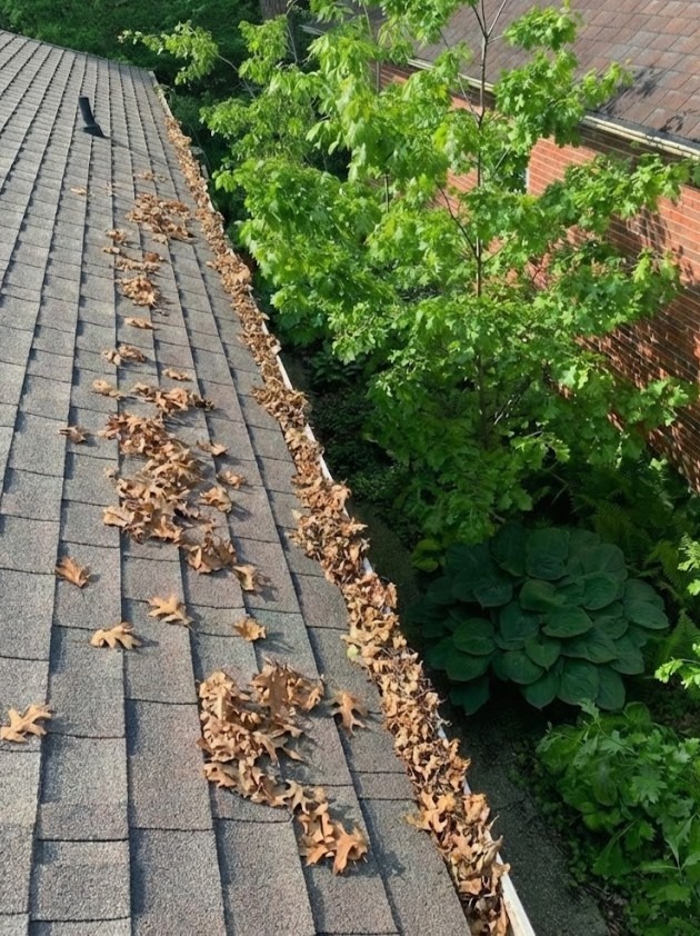Gutters completely blocked with fall leaves on a London Ontario home — spring and fall cleanup guide by Core Exteriors